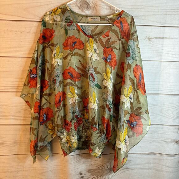 Patrizia Luca Green Floral Print Sheer Poncho Style Blouse Size S/M - Picture 1 of 7